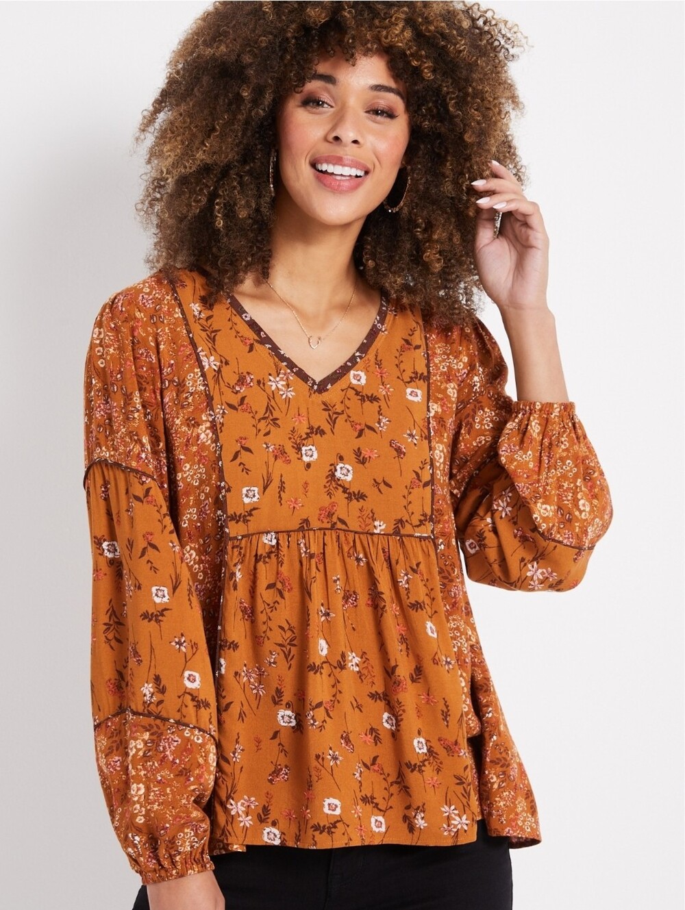 Maurices Rust Floral V-Neck Boho Peasant Top